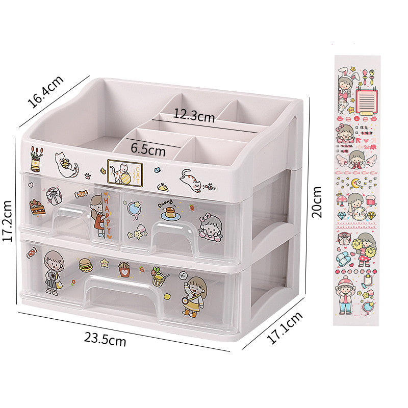 Kawaii Desktop Drawer Storage Box With Sticker Cute Plastic Clear