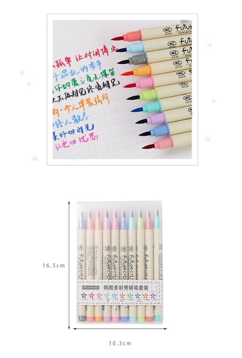 10pcs Future Color Brush Marker Pens Set Fabric Soft Tip Touch for